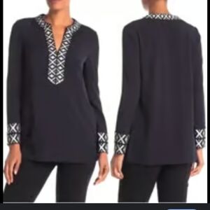 Tory Burch Navy & White Embroidered Tunic Top